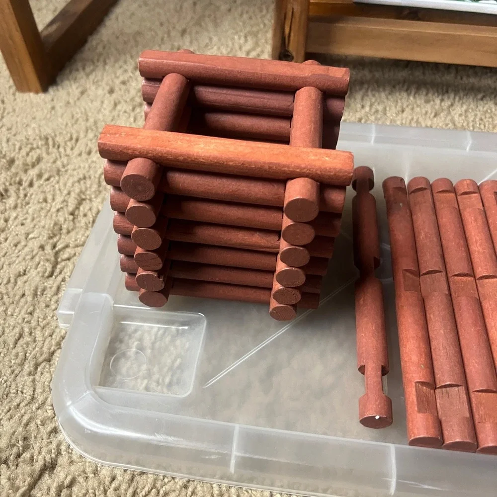 Vintage Wooden Building Log Set Interlocking Cabin Construction Toy 100+ Pieces
